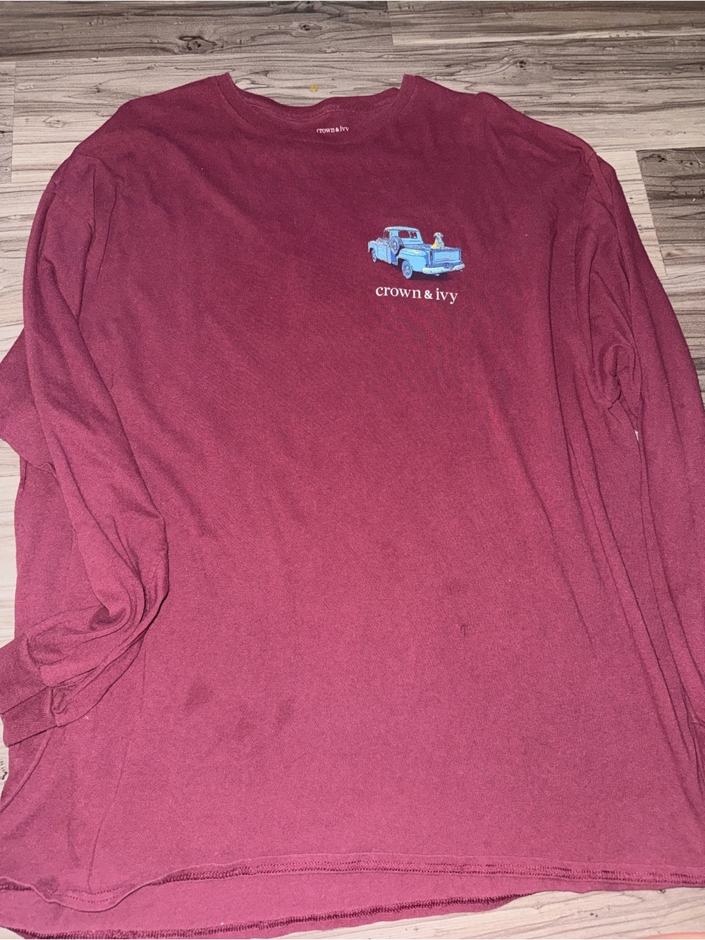 crown & ivy Men's Long-Sleeve Tee in Maroon with Blue Truck Graphic